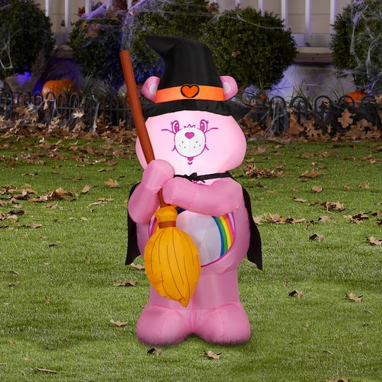 3.5ft. Airblown® Inflatable Lighted Care Bears Cheer Bear Halloween Witch with Broom Yard Décor
